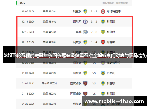 英超下轮赛程前瞻聚焦争四争冠保级多重看点全解析豪门对决与黑马走势
