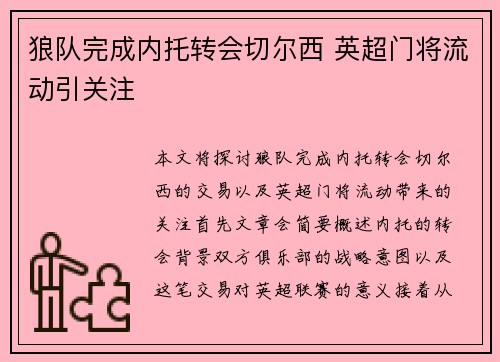 狼队完成内托转会切尔西 英超门将流动引关注